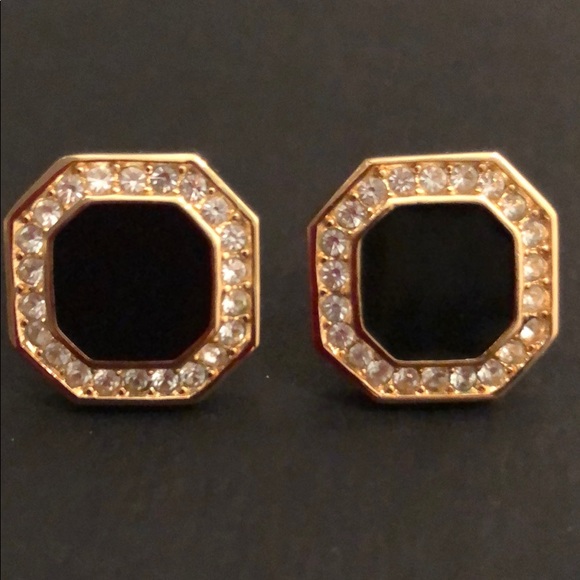 Jewelry - VINTAGE PIERCED BLACK ONYX RHINESTONES EARRINGS